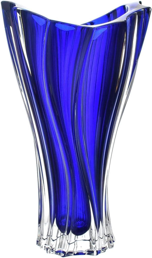 Bohemian Crystal Glass Vase 12'' Deep Blue ''Plantica'' European Design Elegant Centerpiece Flower Vase Home Decor