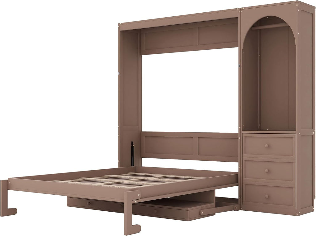 Queen Vertical Murphy Bed with Built-in Led Lighting Wardrobe & Clothes Rod On Side,Drawers & Folding Down Desk with