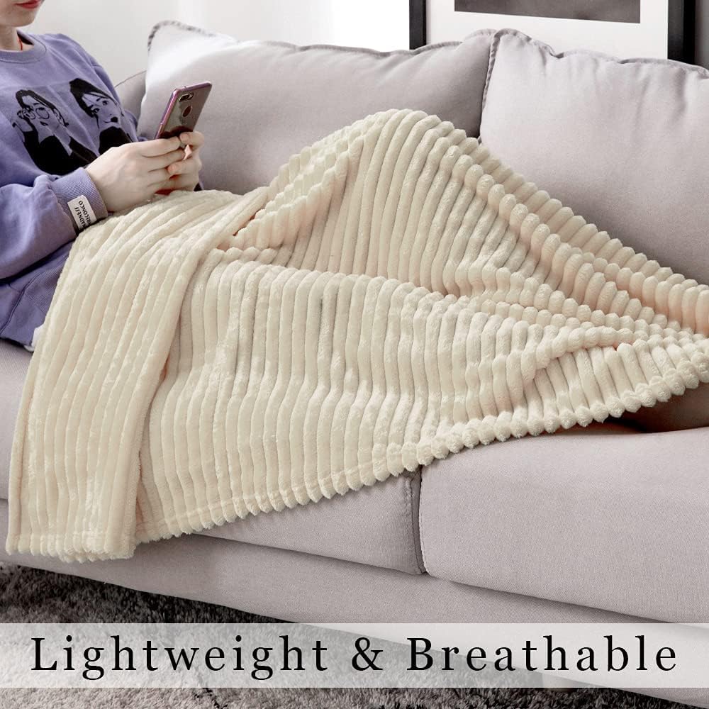 Fleece Throw Blanket with Stripe Pattern Fuzzy Flannel Beige Blanket for Couch Plush Warm Cozy Bed Blanket Boho Decor