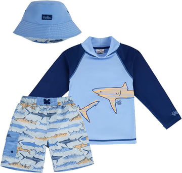 Boys Piece Swim Set with Long Sleeve Swim Shorts & Hat - UPF 50+