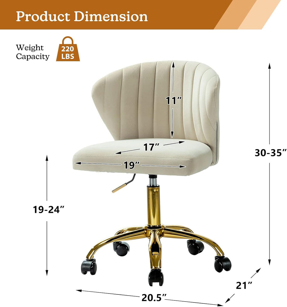 Office Desk Chairs with Wheels & Gold Base, Modern Velvet Cute Armless, Adjustable Low Back Swivel Rolling Chair
