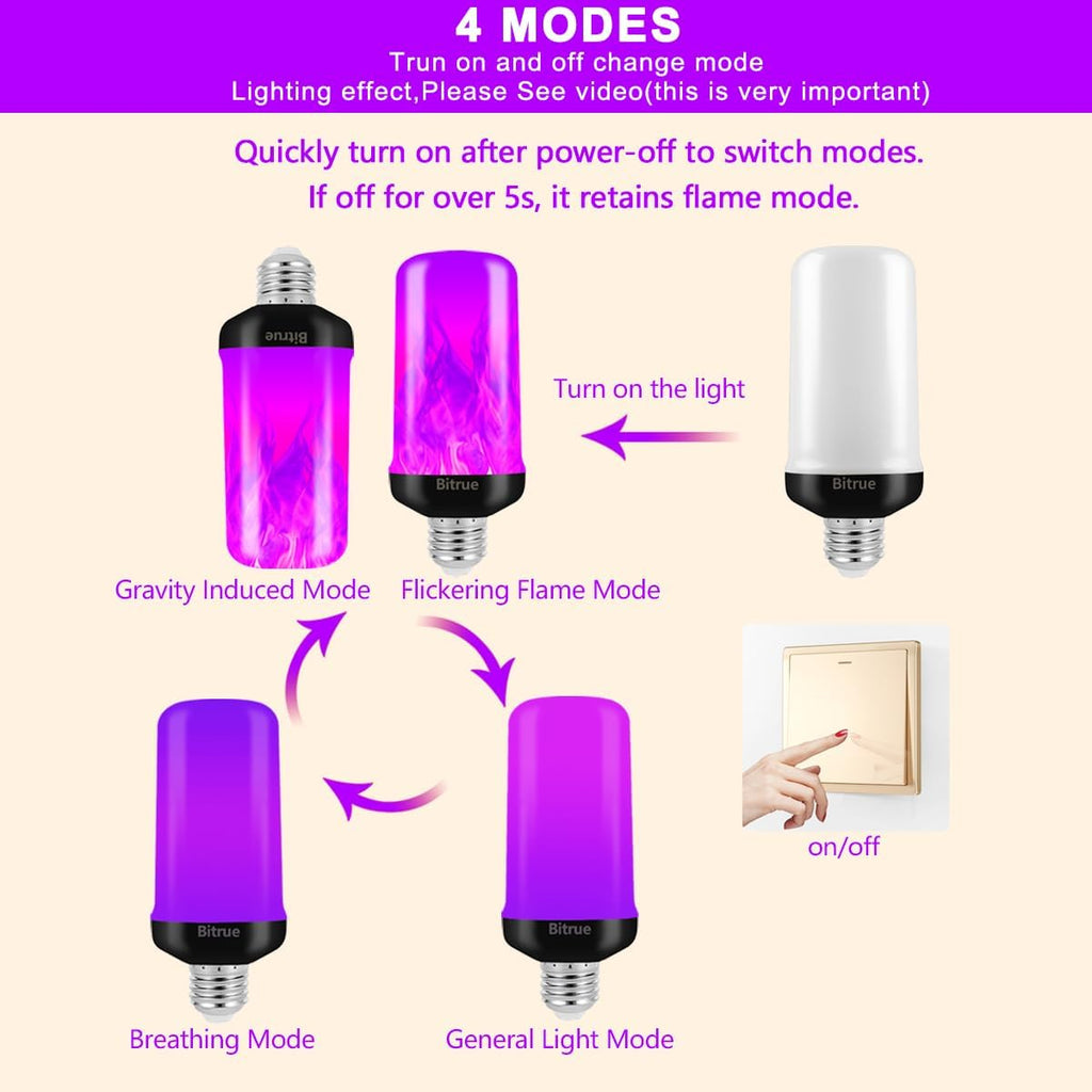 LED Purple Flame Bulbs, 4 Modes, E26 Base,Decor Light, Purple
