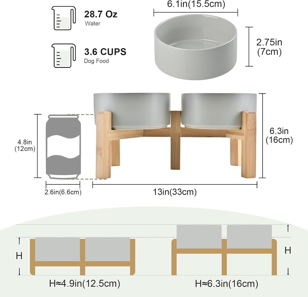 Elevated Dog Bowls Ceramic, 6.1'' Dogs and Cat Food Water Bowls Raised with Non-Slip Bamboo Stand for Medium Sized