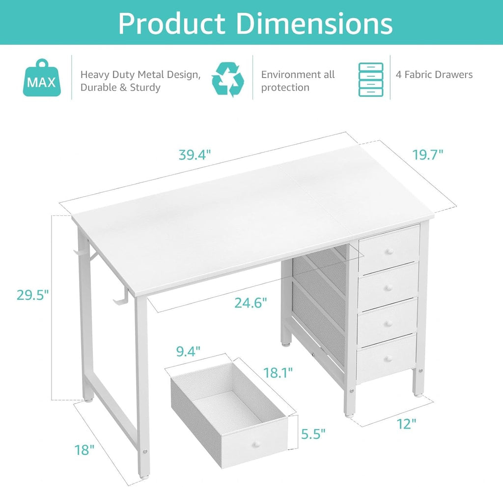 Small White Desk with Drawers, 40 Inch Kids Girls Study Desks