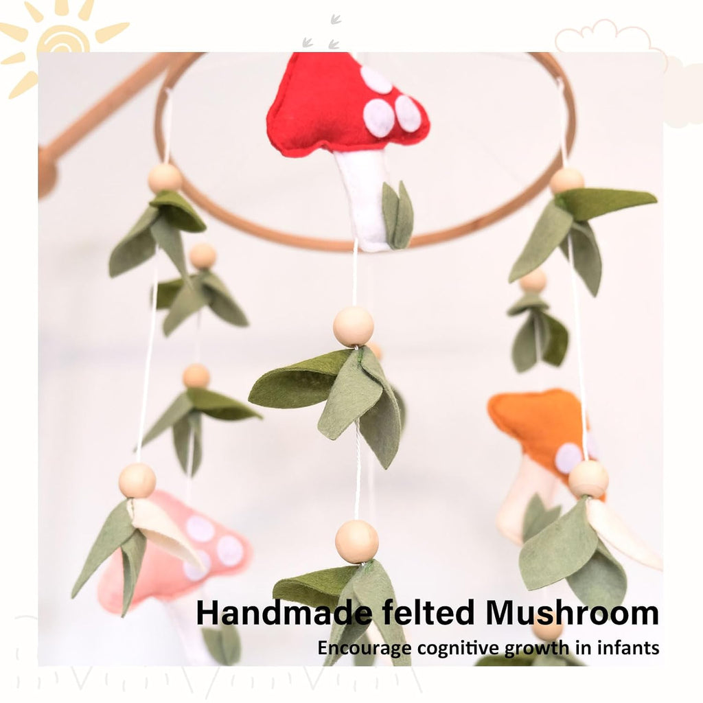 Mushroom Baby Mobile, Green Leaf Mobile for Crib, Crib Mobile for Boys Girls, Forest Nursery Mobile for Bassinet
