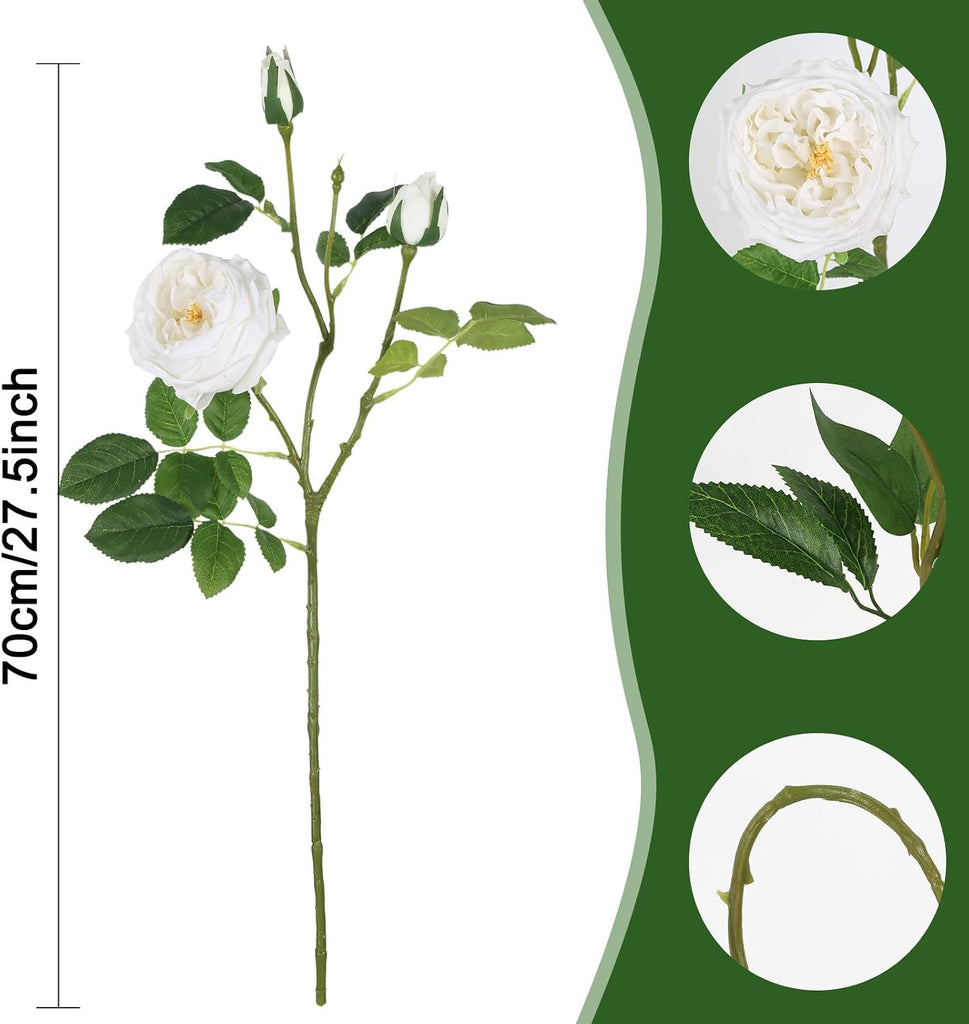 Real Touch White Austin Roses Peonies Artificial Flowers 4 Bouquets Latex Fake Peonies with Long Stem Realistic Faux - Set of 4