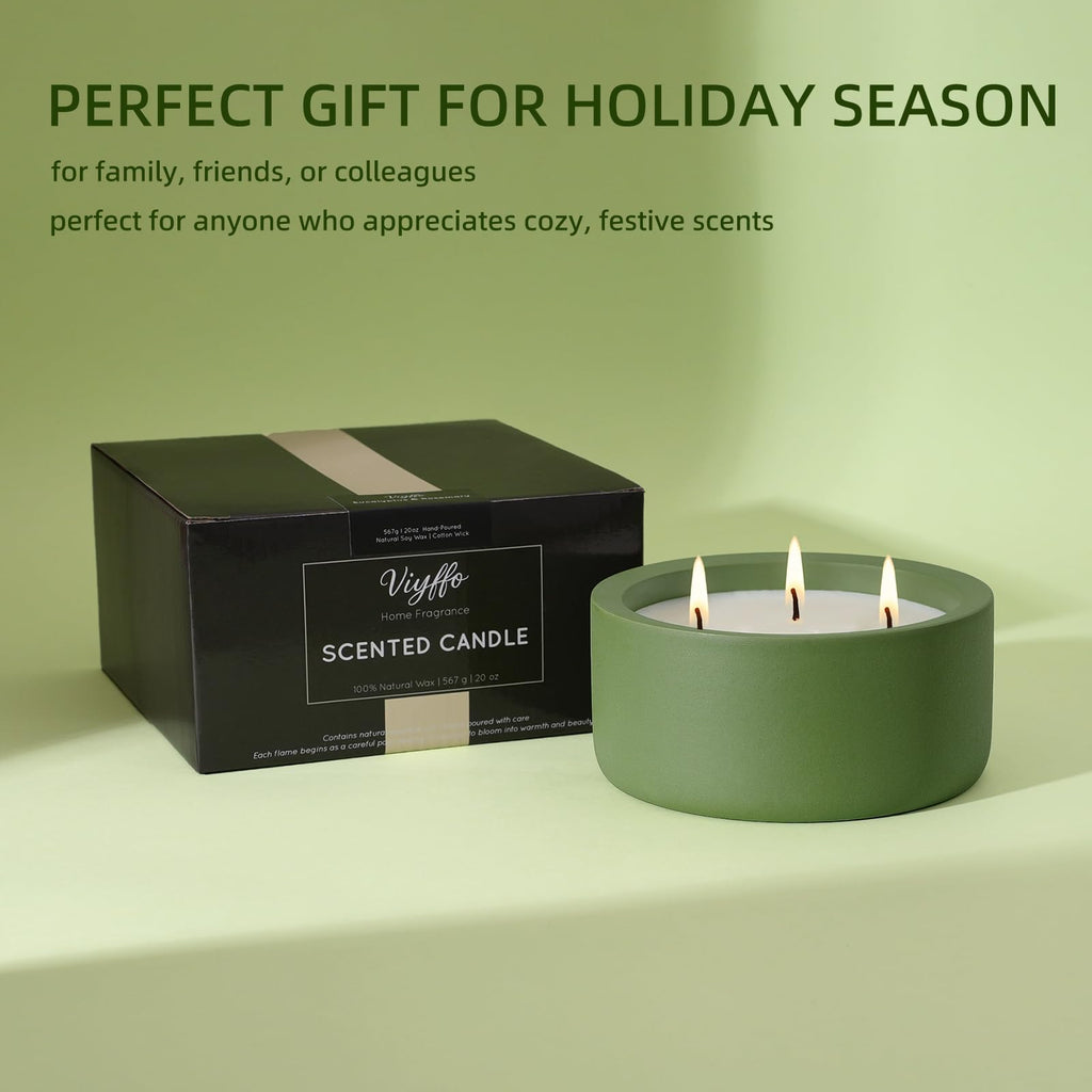 20oz Large Fall Decorative Candle - Eucalyptus & Rosemary, 3 Wick Non Toxic Soy Candle for Women & Men, Matte Green
