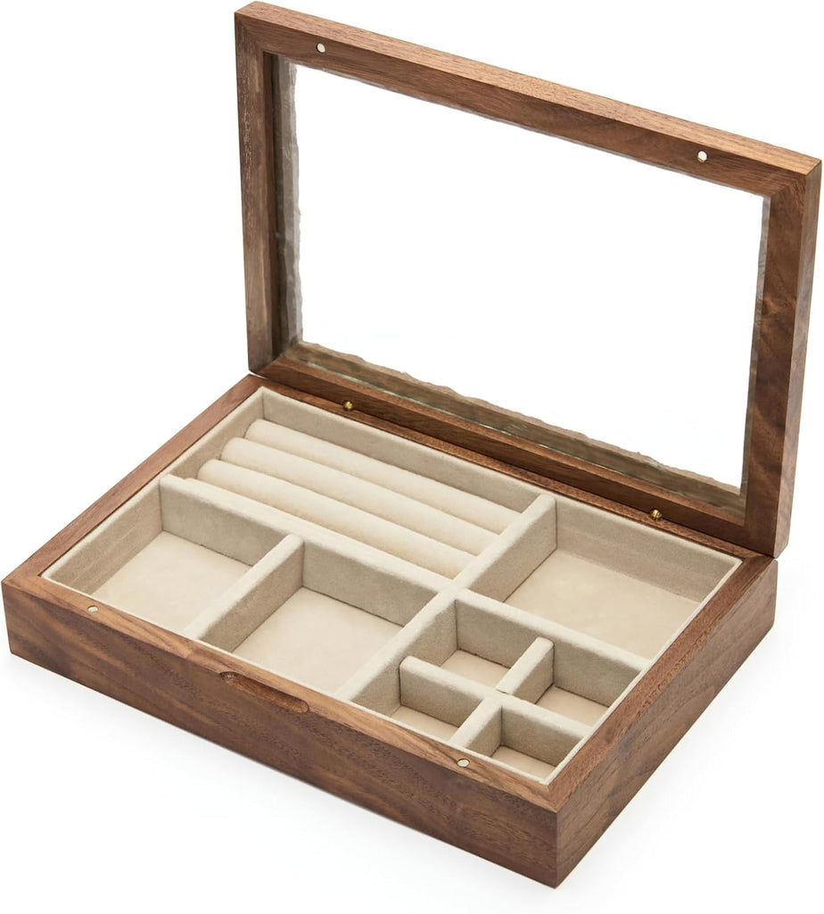 Wooden Jewelry Box with Glass Lid, Multi-Compartment Storage Display Case, Walnut Brown (Silver Walnut)