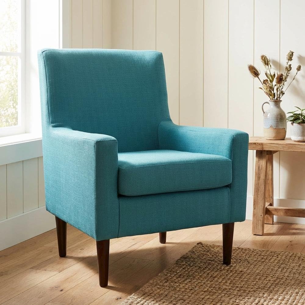 Emma Arm Chair with Wooden Legs, Modern Accent Lounge Chair Bedroom, Comfortable Armchair, Peacock, Klein Fabric