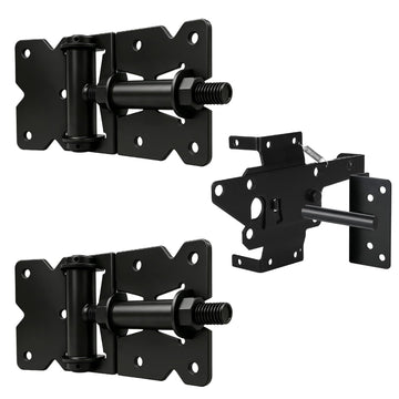Adjustable Self-Closing Gate Hinges and Self-Locking Gate Latch Hardware Kit, Heavy Duty Black Gate Hardware for