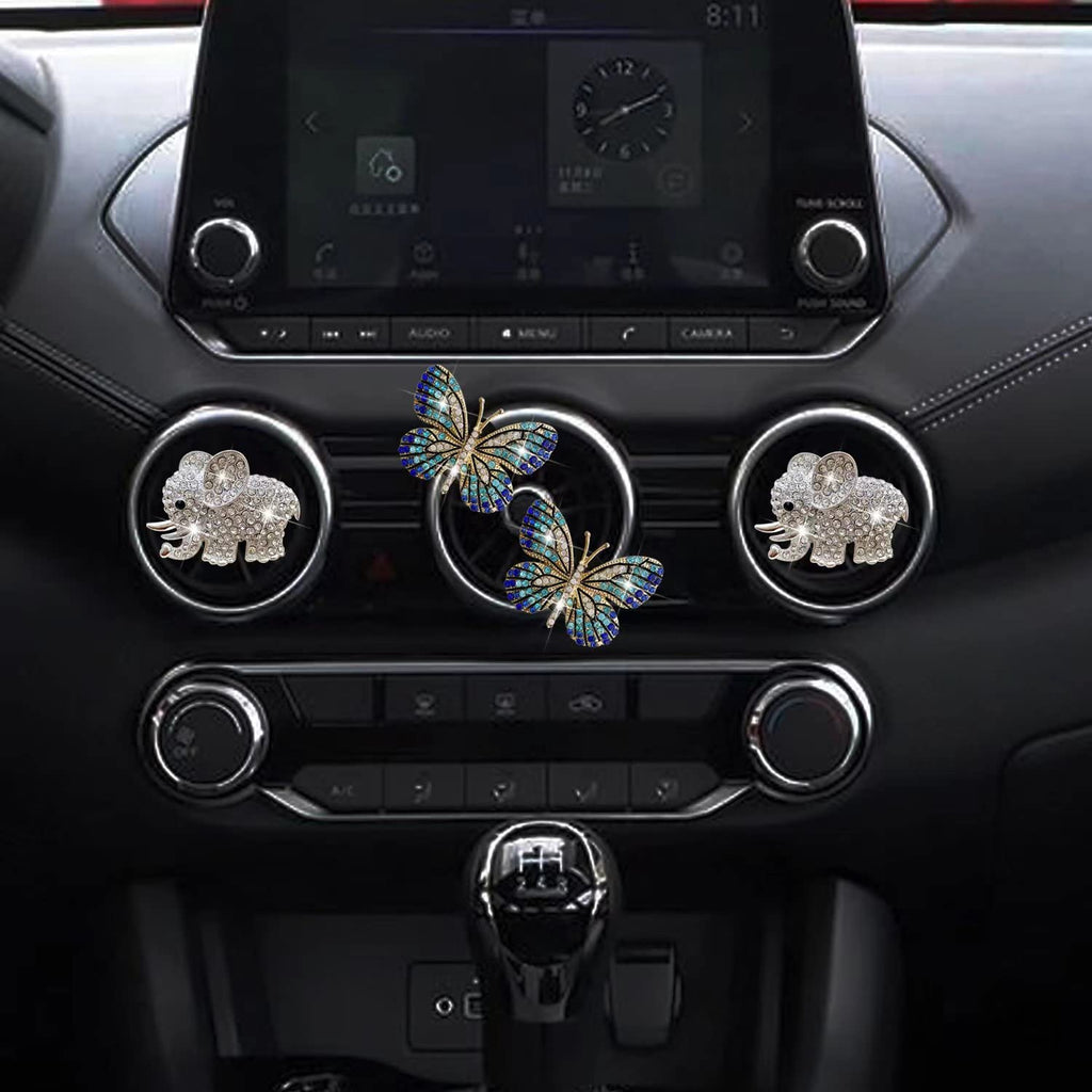 Bling Butterfly Air Vent Clips, 4 Pcs Crystal Elephant Air Fresheners, Diffuser Rhinestone Decoration Cute Interior