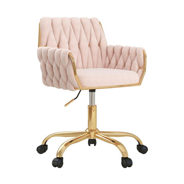 Pink Velvet Home Office Vanity Chair, Woven Backrest Makeup Desk Chair