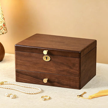 Black Walnut Jewelry Box for Women, 3 Layer Top Lock Wooden Organizer Case