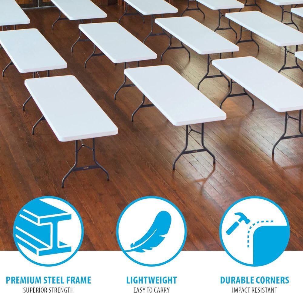 8-Foot Commercial Folding Table, White Granite HDPE Top, Steel Frame