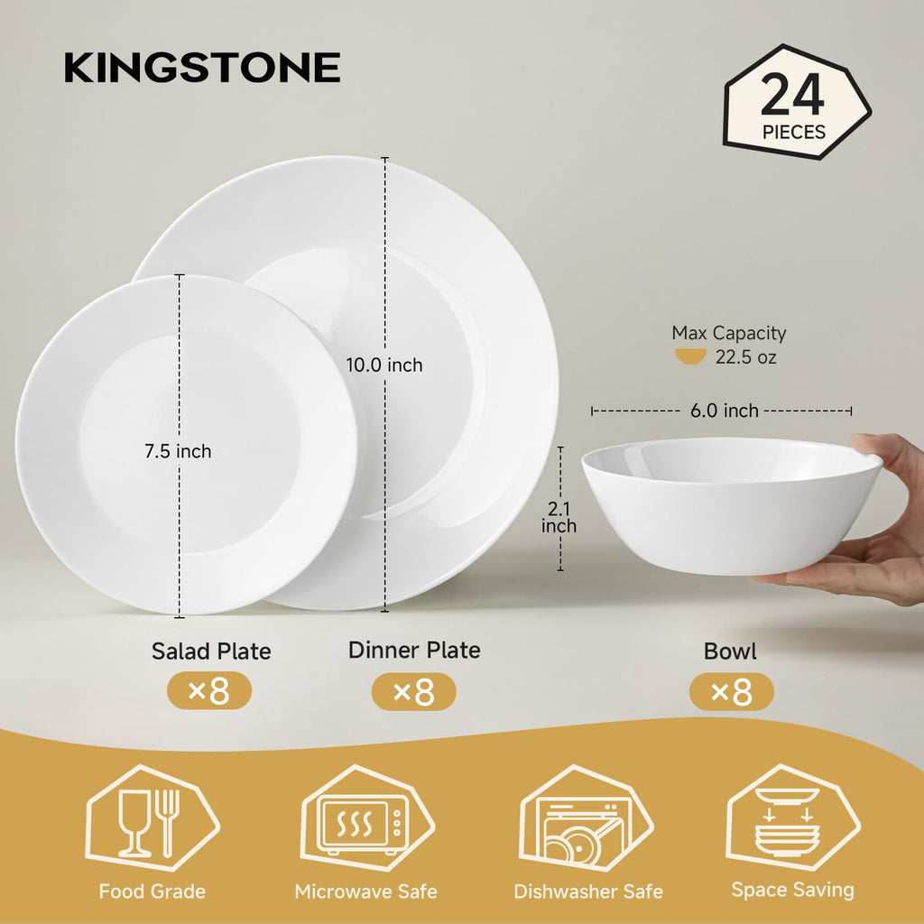 24-Piece Plates and Bowls Set, Glass Dinnerware Sets for 8