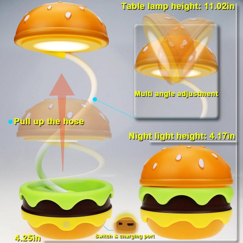 Cute Desk Lamp for Kids, Rechargeable Hamburger Small Desk Lamps with Adjustable Neck Dimmable Touch Switch, Nursery