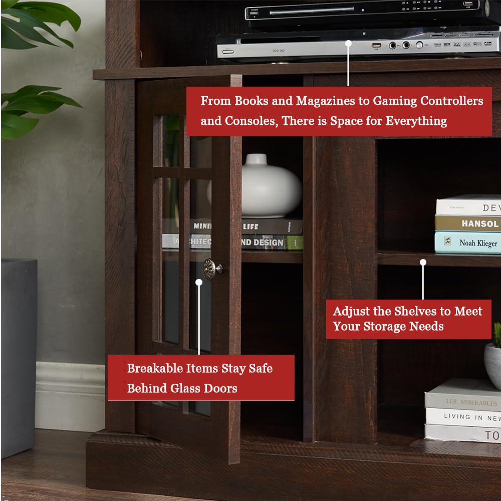 Traditional 58'' TV Console, Entertainment Center Table with Open Shelves and Farmhouse Glass Door Media TV Cabinet