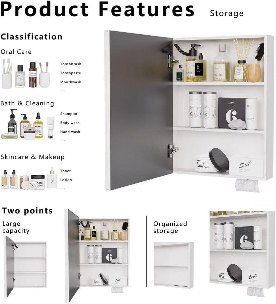 25.59" x 19.69" LED Bathroom Medicine Mirror Cabinet, Wall Mounted Single Door Aluminum Storage Cabinet with Anti-Fog
