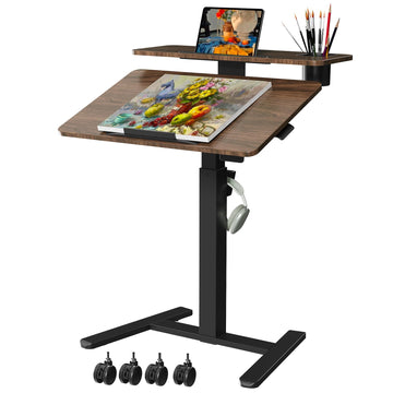 28" Mobile Standing Desk, Tiltable Top with 2-Tier Shelves, Walnut