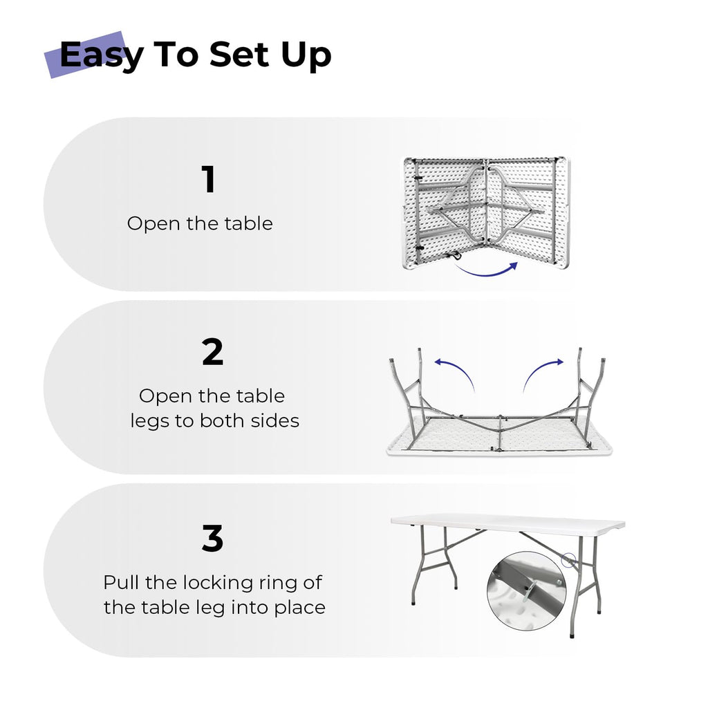 Folding Table 6ft, Heavy Duty Plastic Fold-in-Half Utility Table, White