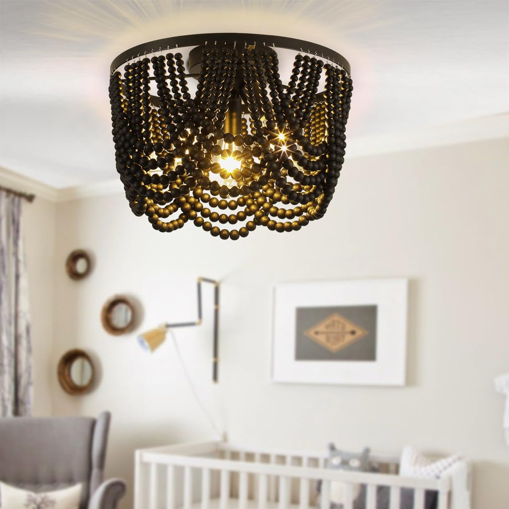 Black Boho Chandelier, Wood Beaded Chandelier Light Fixture, 12.6 inch Bohemia Draped Bead Flush Mount/Semi Flush