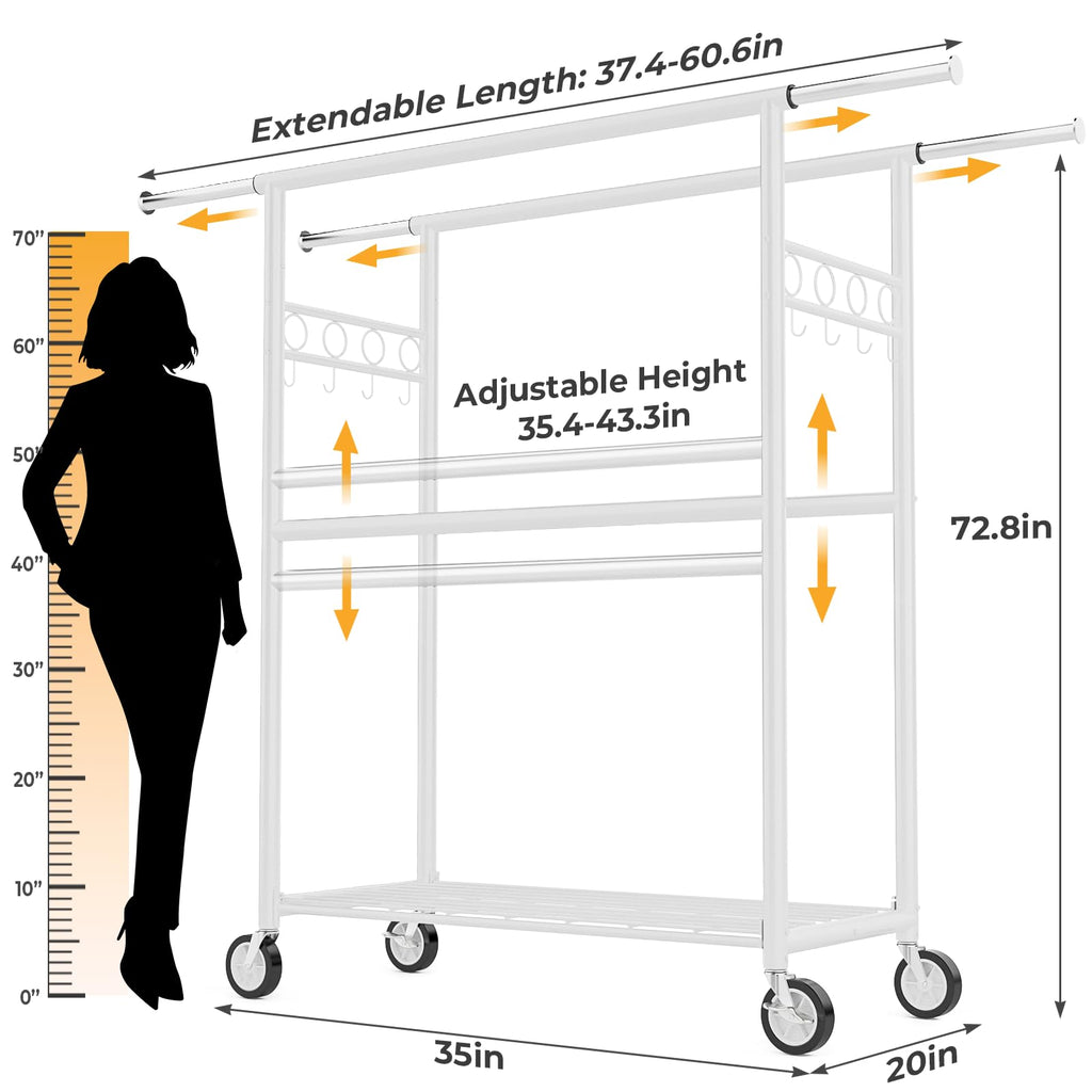 Heavy Duty Clothes Rack Load 1060LBS, Four Rods Rolling Clothing Racks for Hanging Clothes, Rolling Garment Rack With