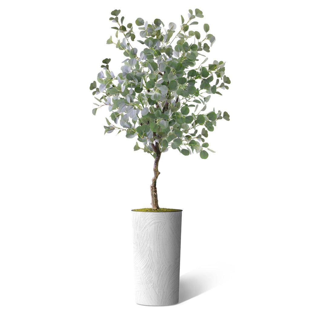 Artificial Tree in White Marble Effect Planter, Fake Eucalyptus Silk Tree for Indoor and Outdoor Home Decoration