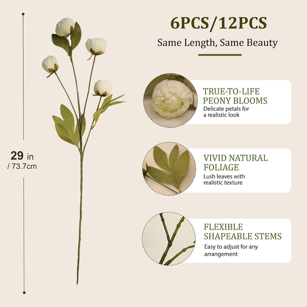 Faux Peonies Artificial Flowers for Vase - 29" Bulk Silk Fake Peonies Flower Stems, Real Touch Fake Flowers - Set of 6