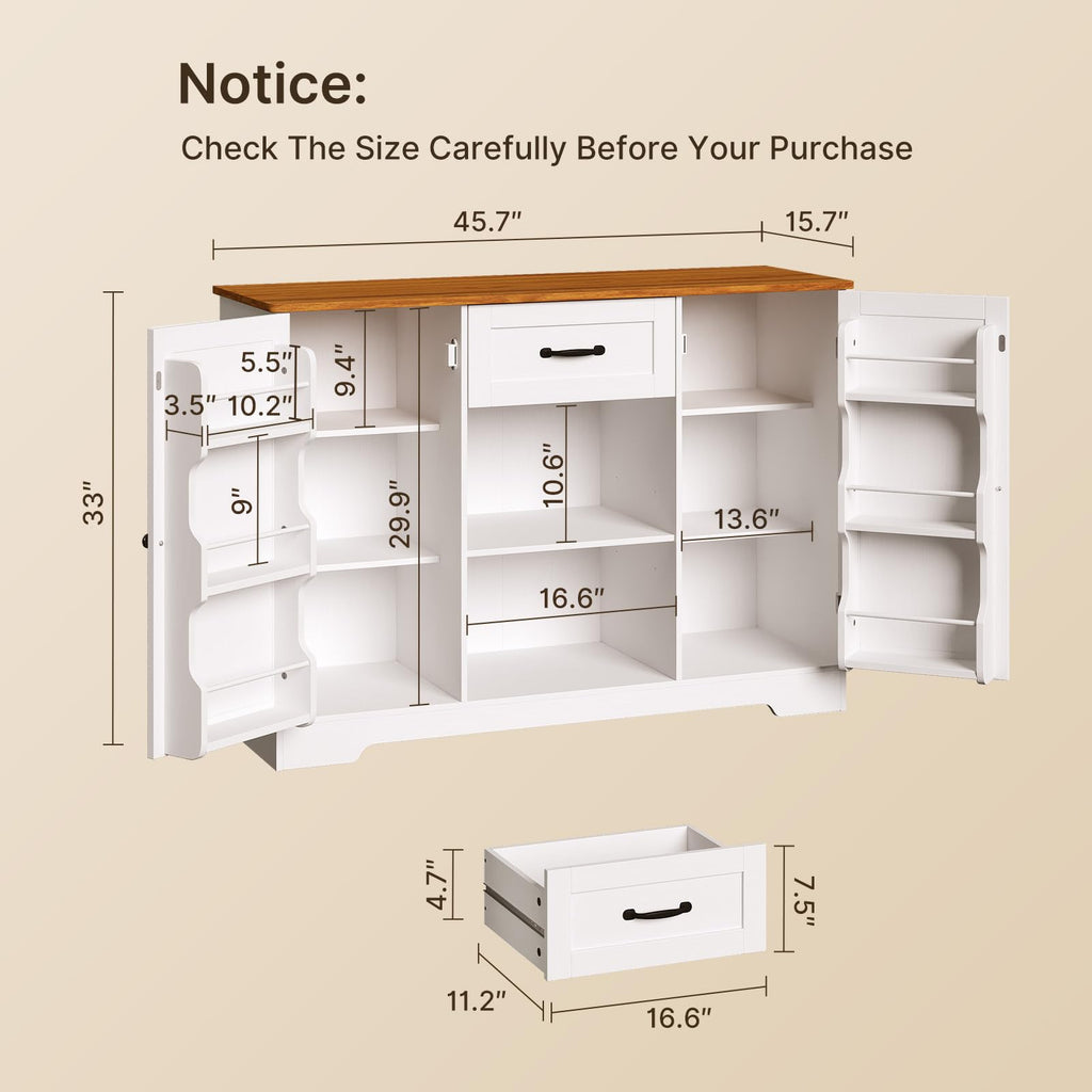45" Kitchen Sideboard Buffet Cabinet with Storage, White and Rustic