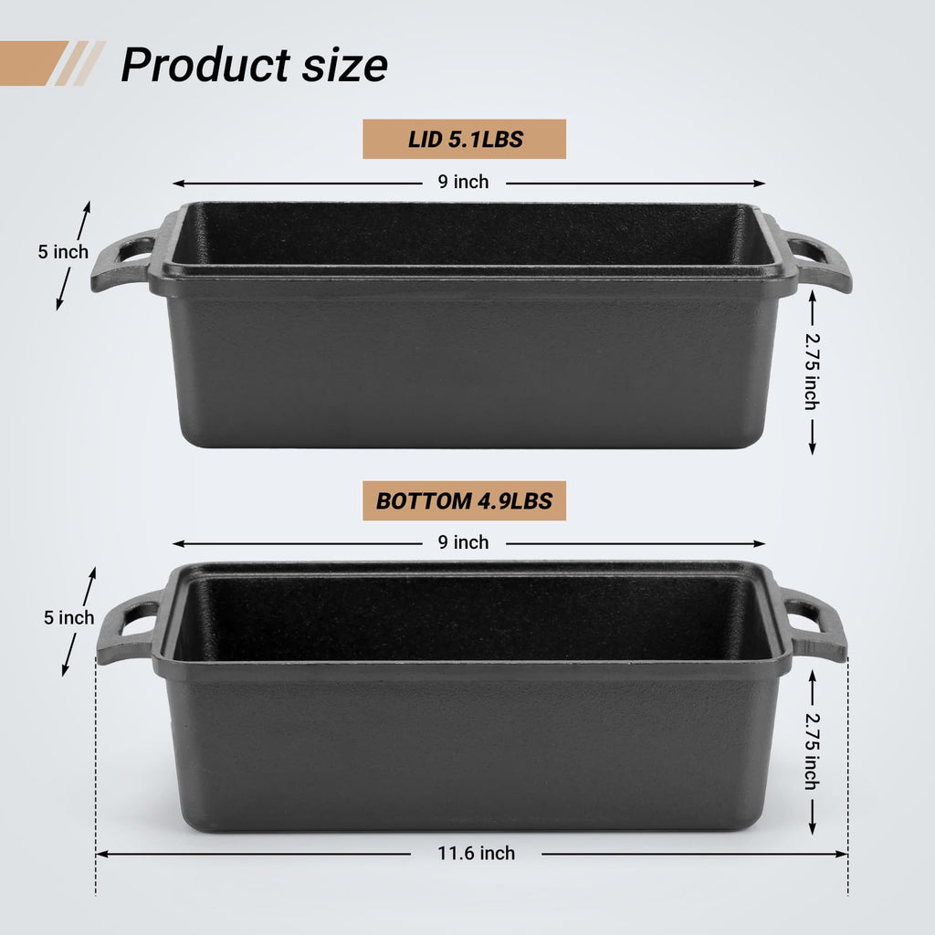 9×5 Inch Cast Iron Loaf Pan with Lid | Bread Baking Pan | Even Heat Distribution made Bread, Cake, and Meatloaf | 2