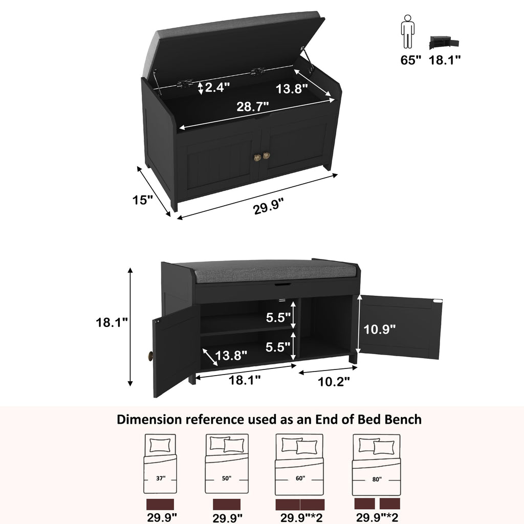 30" Shoe Bench with Lift Top Storage, Entryway Bench with Cushioned Seat, Wooden End of Bed Bench, Shoe Cabinet Bench