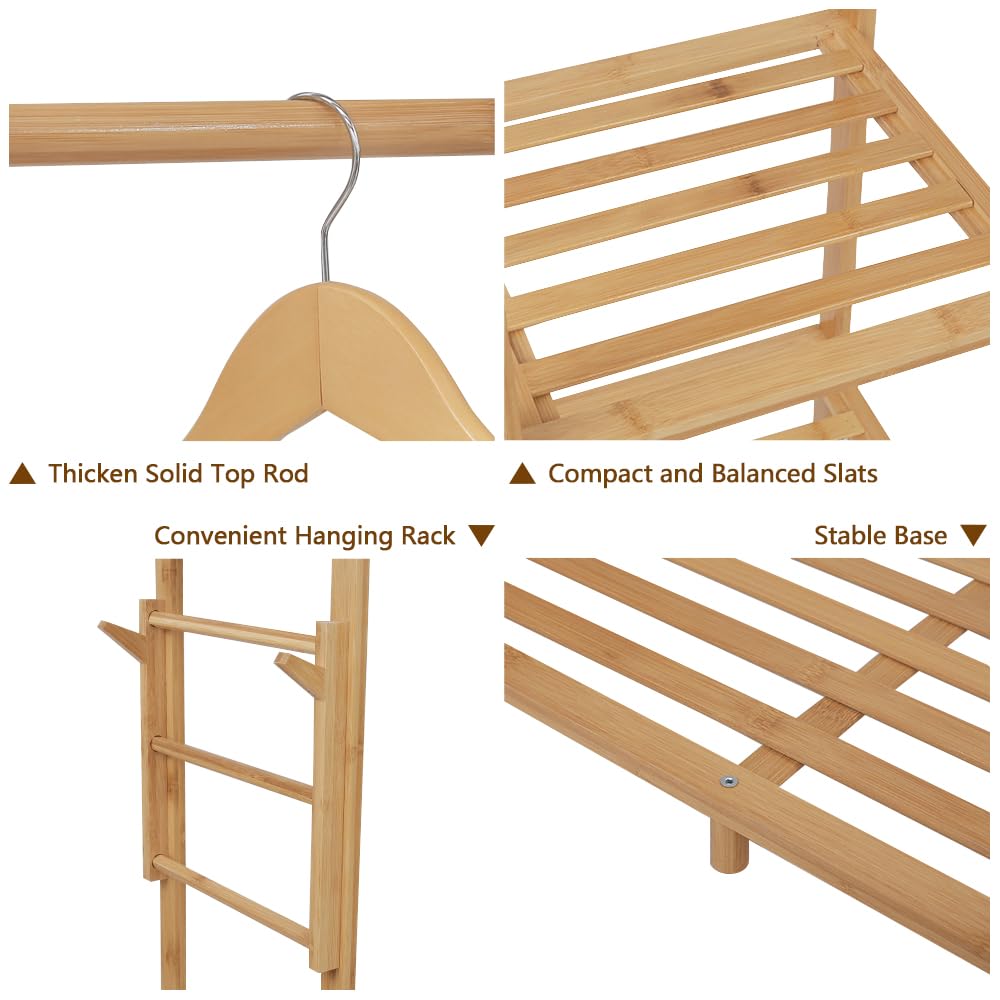 Bamboo Garment Rack with 6 Tier Storage Shelves & Hanging Rod