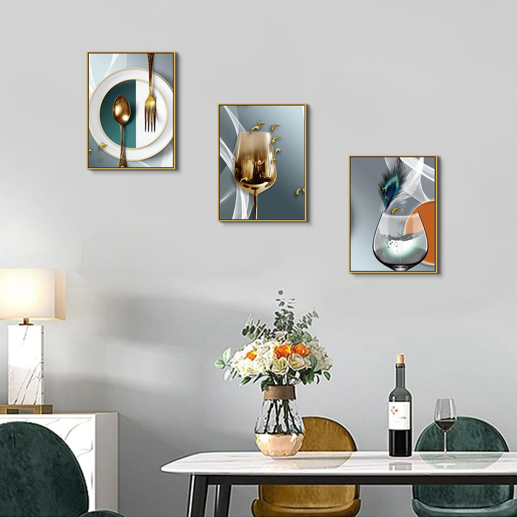 Gold Framed Dining Room Wall Art Wine Glass Pictures Wall Decor Teal Abstract Geometric Kitchenware Canvas Paintings