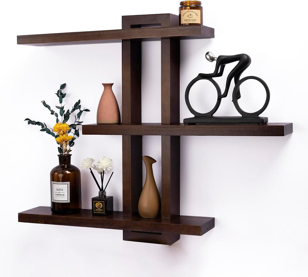 Variable Floating Shelves Wood Set of 3, Bathroom Shelves 28.35" Max, Rustic Wall Shelves Bedroom Farmhouse - Dark