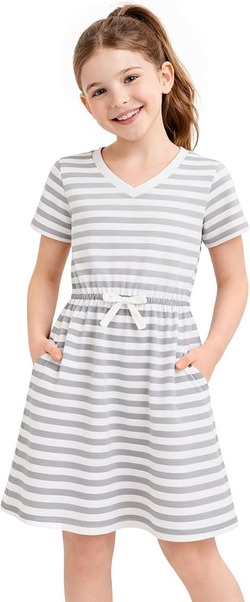 Girls' Striped Dress Elastic Waist Short Sleeve Spring Summer Casual Dress -13