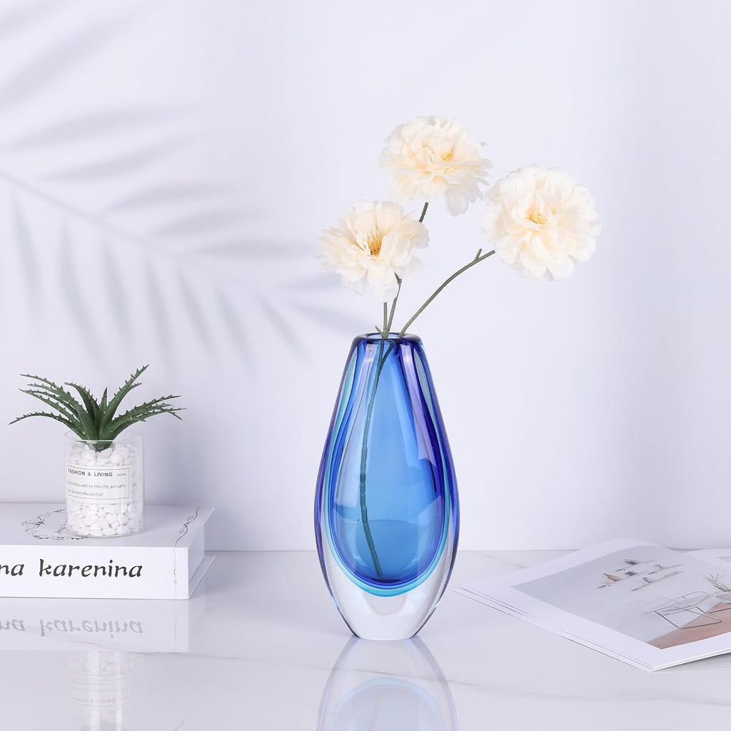 Hand Blown Glass Vase - 8.9" Tall Oval Decorative Art Glass with Colorful Speckled Finish, Luxury Centerpiece for