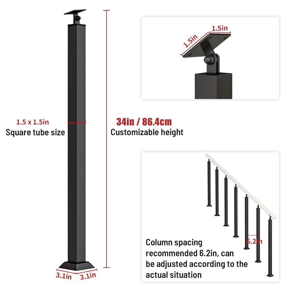 34/36/38/40/42in Stair Railing Posts, Indoor Outdoor 270°Adjustable Metal Baluster Post, Staircase Balusters with
