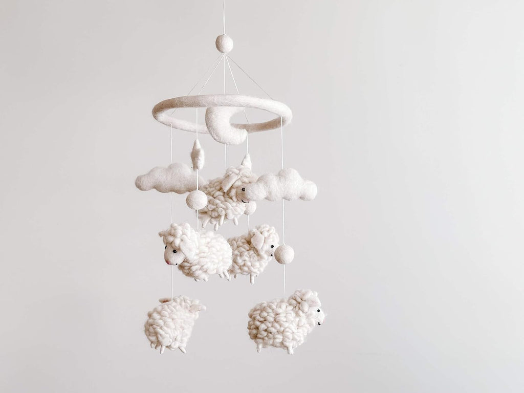 Felt Counting Sheep Nursery & Crib Mobile for Boys & Girls, Boho Baby Decor, Natural Wool & Wood Hanging Mobile