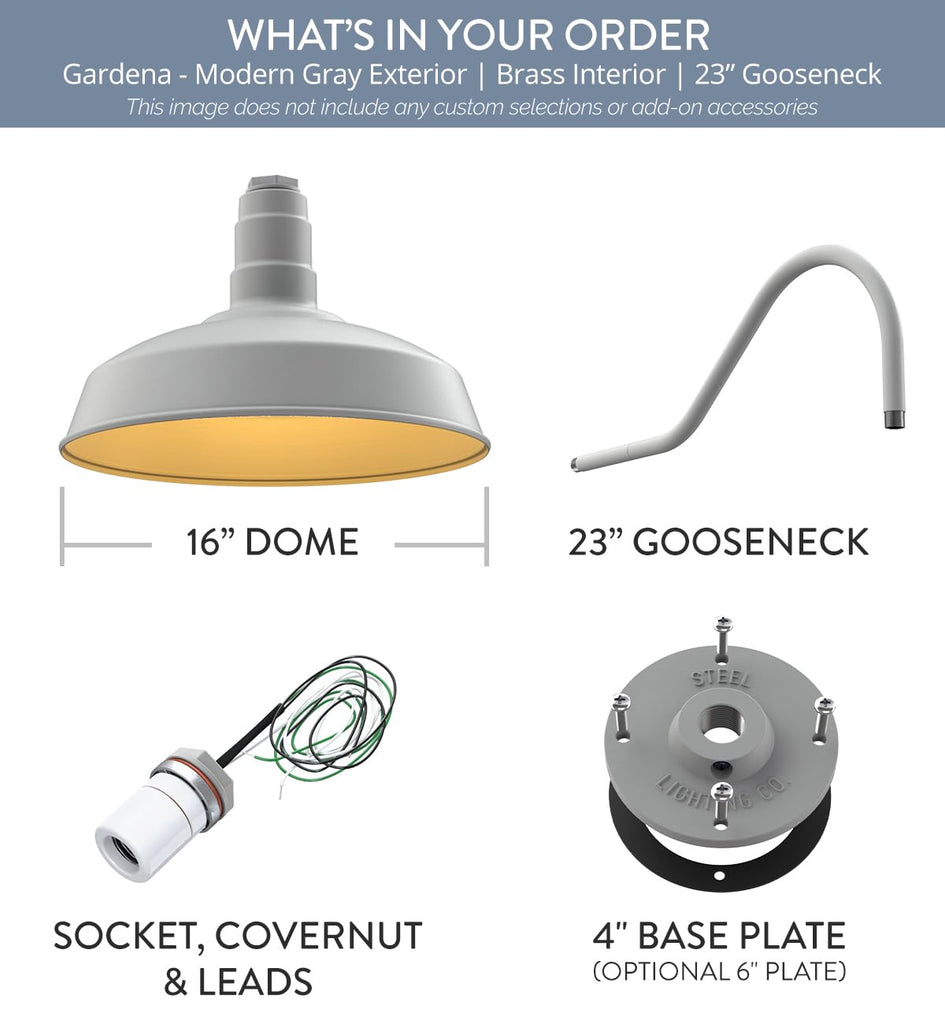 Dusk to Dawn | Gardena Barn Light | Outdoor Wall Mounted | 16" Dome | 23" Gooseneck | Farmhouse Light Made in America