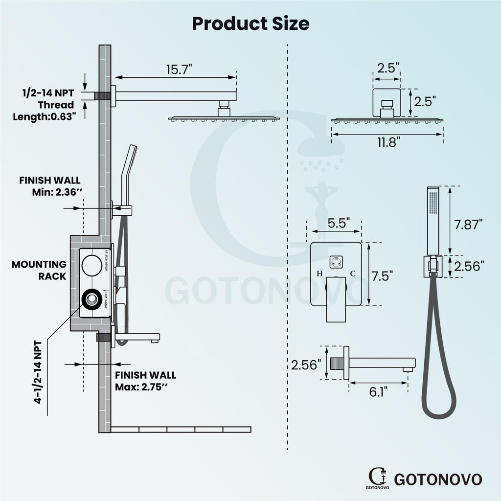 Bathtub Shower Faucet Set, 12 Inch Shower Head, Polish Chrome