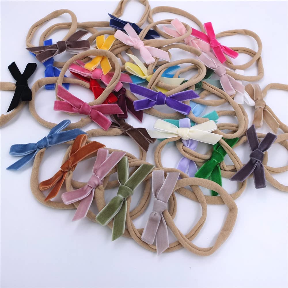 Velvet Bow Soft Stretchy Headbands for Newborn Infant Toddlers Hair Bow Elastic Bands Baby Girls Nylon Hairband
