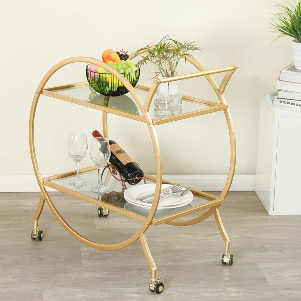 Bar Cart with 2 Mirrored Shelves, Modern Metal Bar Serving Cart, Gold Round Bar Carts for The