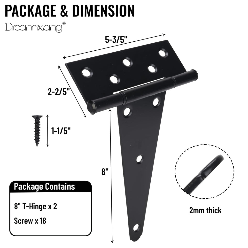 8 Inch T-Strap Gate Hinges, Heavy Duty Shed Barn Door Hinges, Black Tee Hinges for Wooden Fence, Yard Gate, Wrought