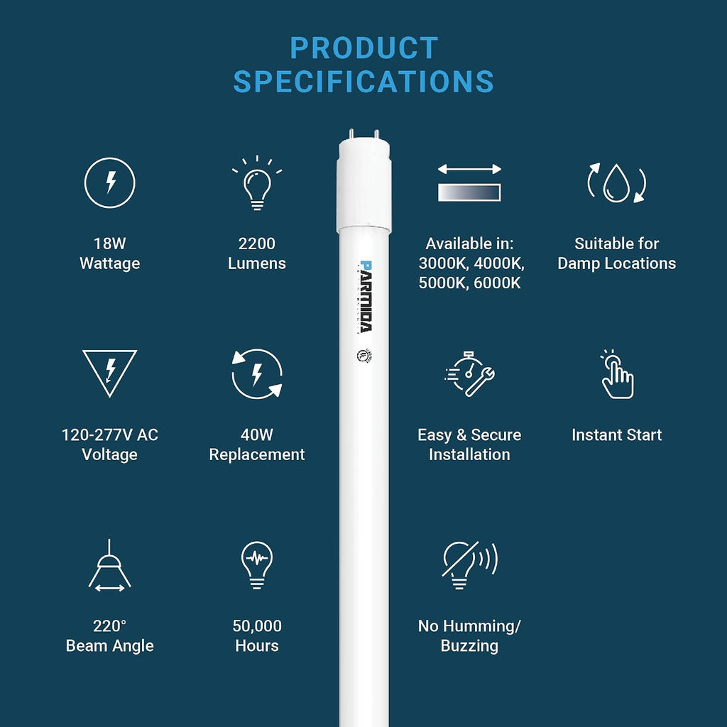 4FT LED T8 Hybrid Type A+B Light Tube, 18W, Plug & Play or Ballast Bypass, Single-Ended OR Double-Ended