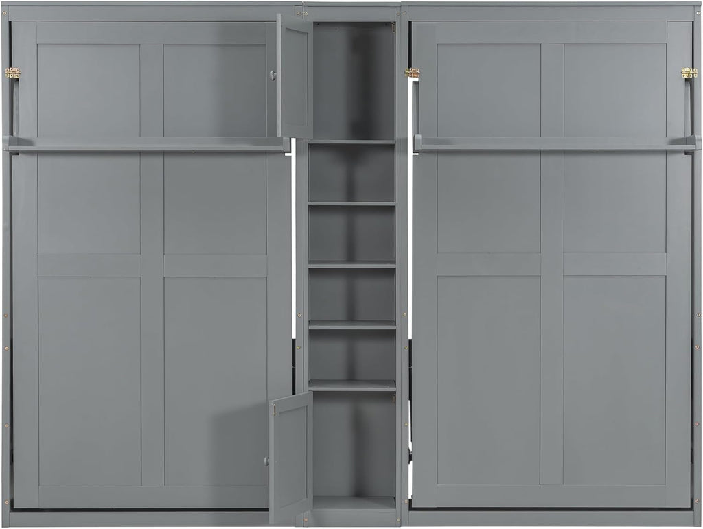 Dual Twin Murphy Beds with Storage Shelves and Cabinets, Pine Wood Space-Saving Hideaway Double Murphy Wall Beds with