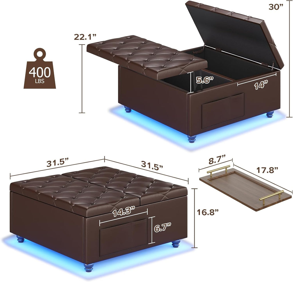 31.5 Inch Large Leather Ottoman with Storage and LED Lights, PU Brown | Lift Top Tufted Upholstered Ottoman Coffee