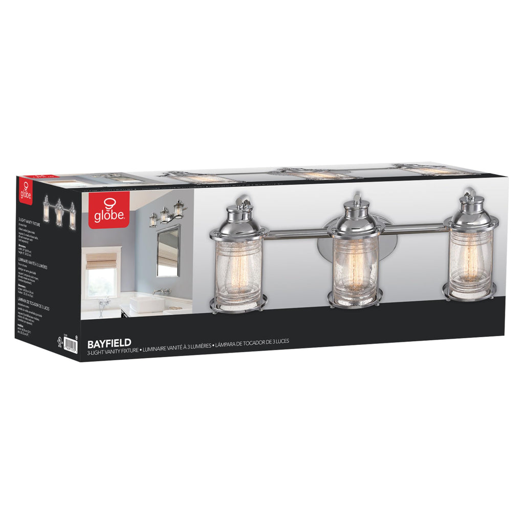 Bayfield 3-Light Vanity Light, Chrome, Ribbed Seeded Glass Shades, Bulb Not Included