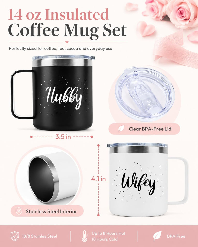 Hubby Wifey Mugs Set, Couple Coffee Mugs-Insulated Coffee Mug with Handle, 14oz Tumbler Set 2 Pack, Wedding Gifts for