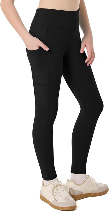 Girls Athletic Leggings with Pockets Kids High Waisted Dance Pants Yoga Workout Running Cheer Gymnastics Tights