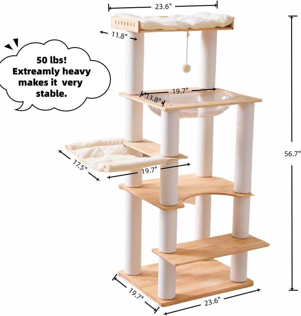 Modern Natural Wooden Wood Cat Tree Tower Condo, Extra Large Top Platform Perch, 57" Tall, Big Clear Capsule Bowl